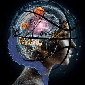 Digital brain illustration with abstract elements.