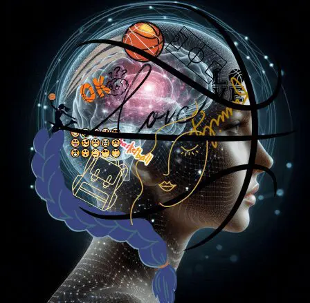 Digital brain illustration with abstract elements.