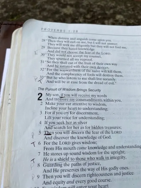 Open Bible page with handwritten notes.