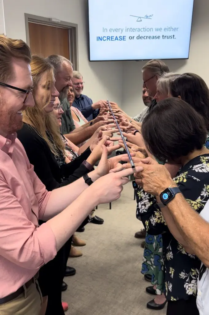 People participating in a team-building activity.