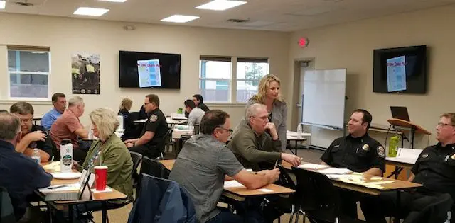 People collaborating in a classroom setting.