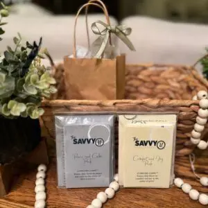 Gift basket with candles and decorative beads.