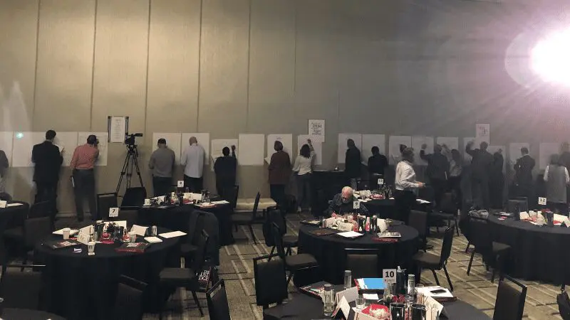 People writing on wall during a conference.