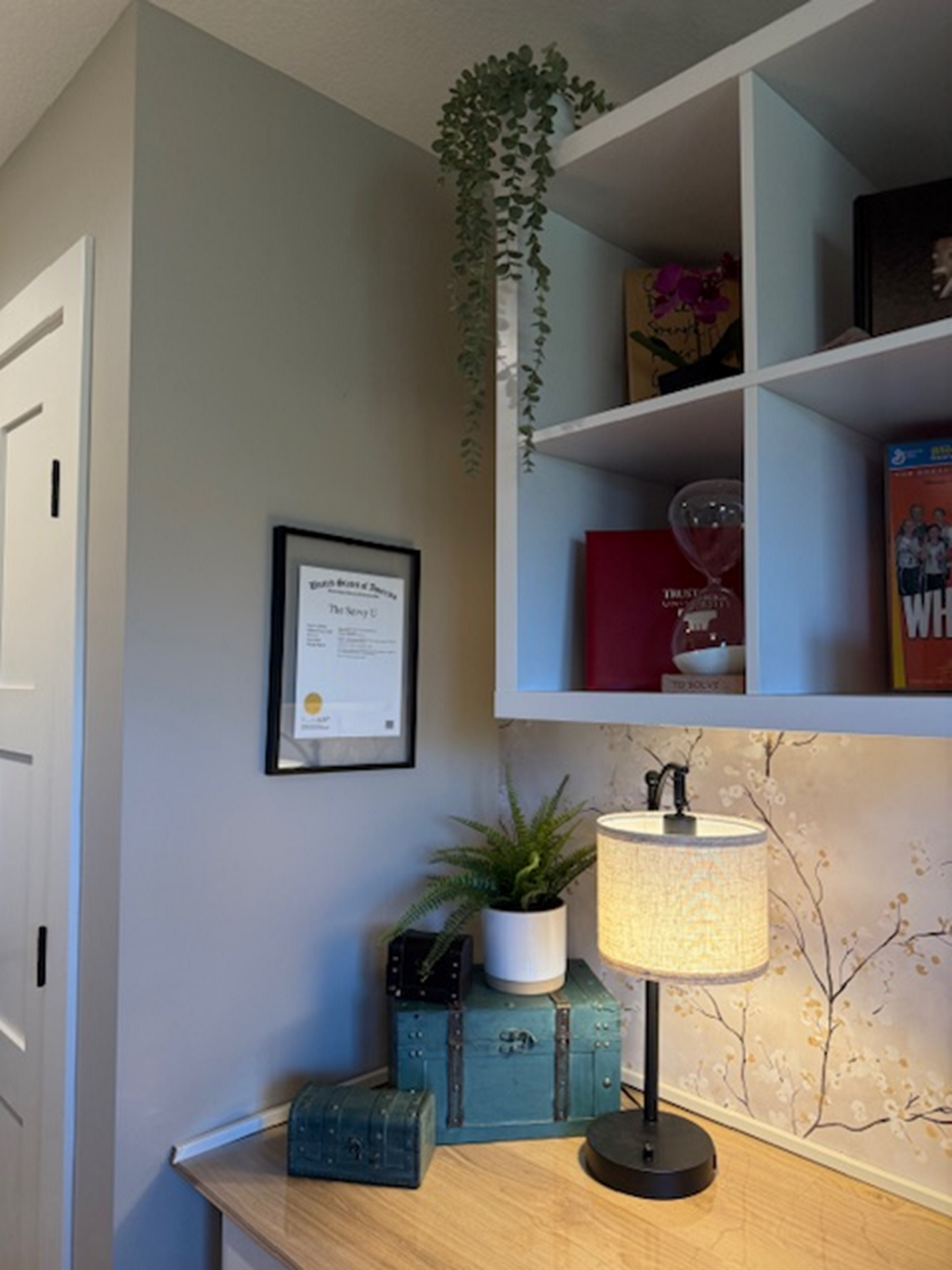 Cozy corner with a lamp, plants, and framed certificate on the wall.