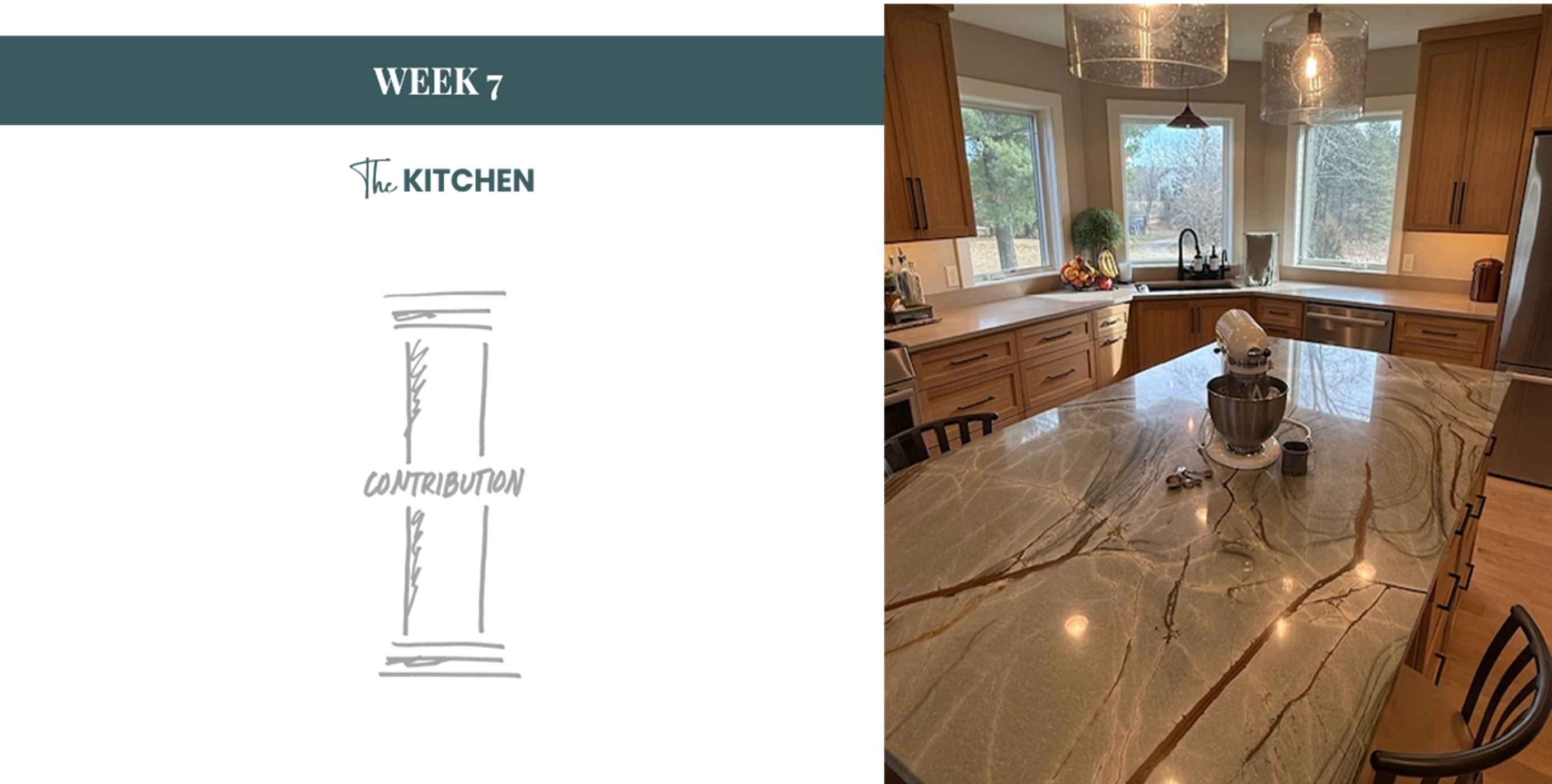 Kitchen interior with marble countertops and wooden cabinets.